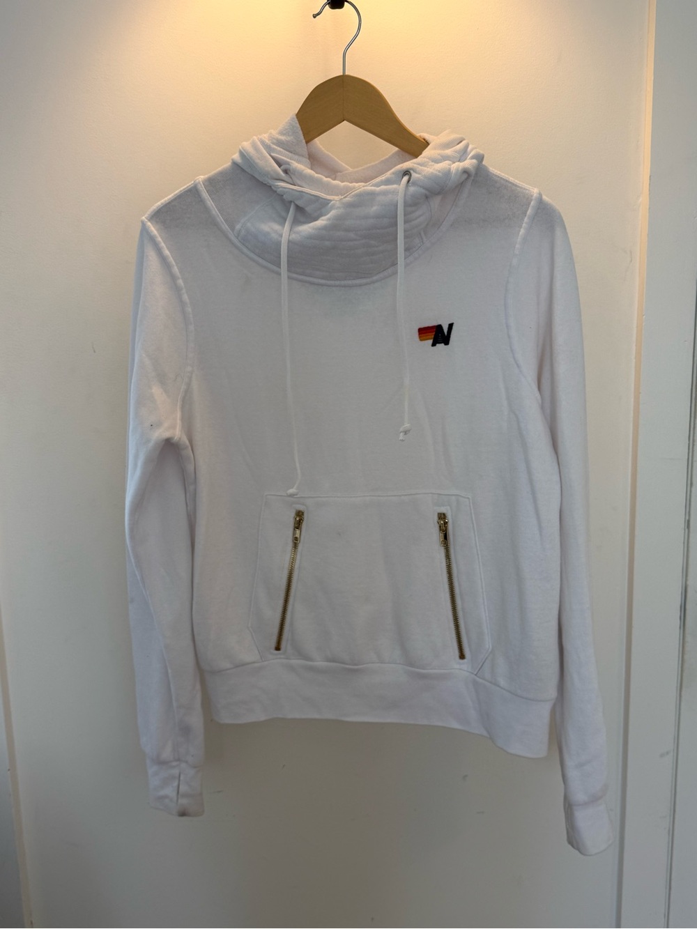 Aviator Nation White Funnel Neck Hoodie with Gold Zips and Rainbow Logo